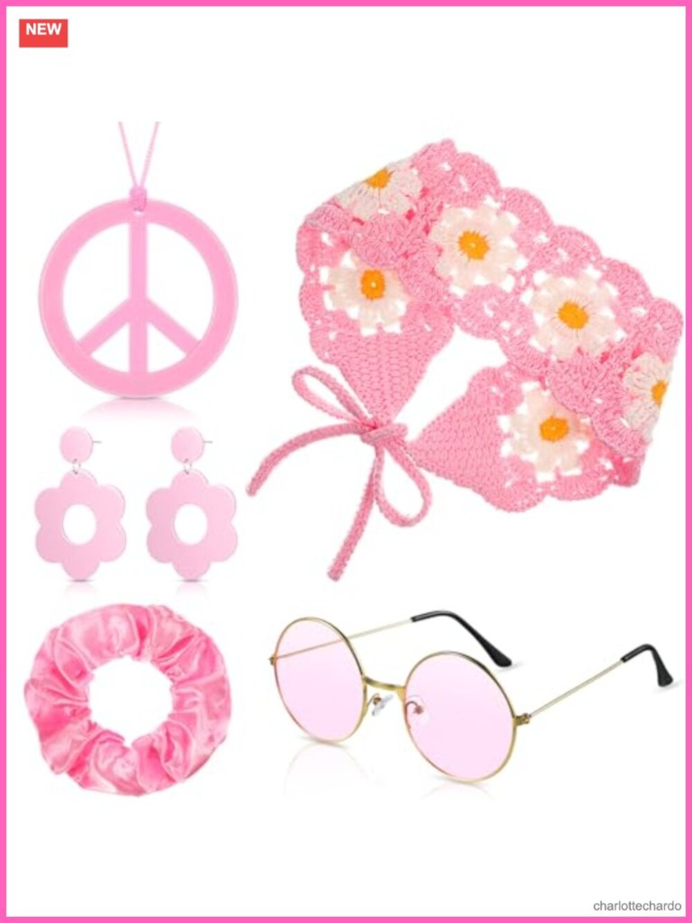 5 Pc 70s Hippie Costume Accessory Set PC Plastic Sunglasses Necklace